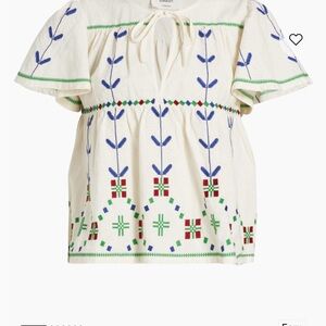 ba&sh White Blouse with Blue and Green Embroidery kimber top